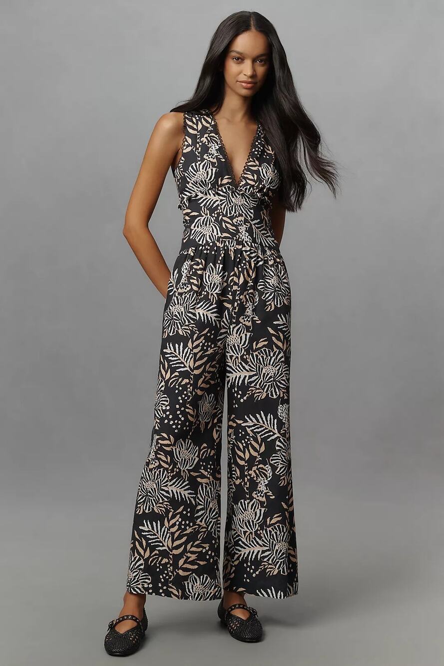 NWT Farm Rio x Anthropologie Printed V-Neck Jumpsuit Black Floral Boho Western S